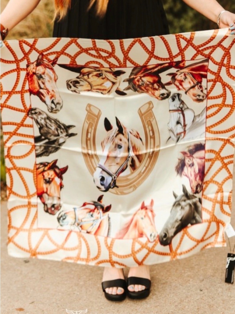 Lucky & Blessed Horse Print Silk Scarf in Cream, Brown and Orange
